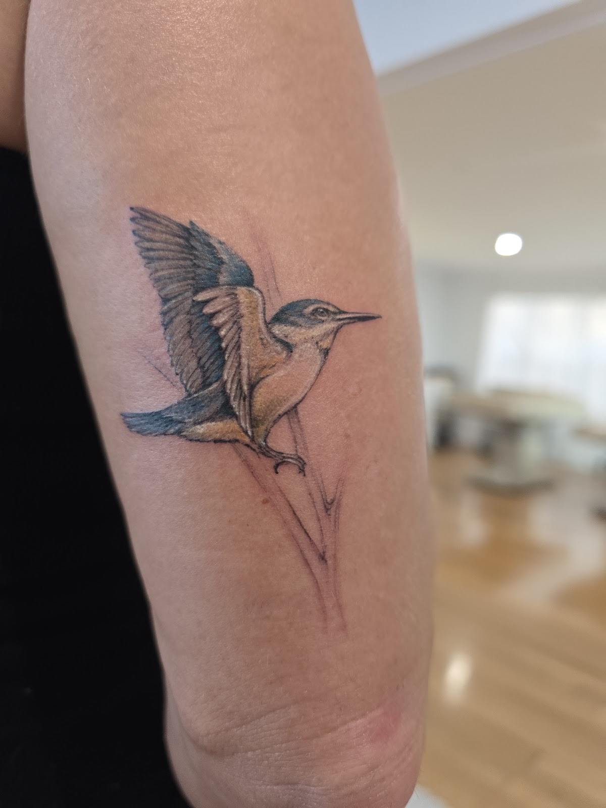 Colour kingfisher in flight tattooed on an arm