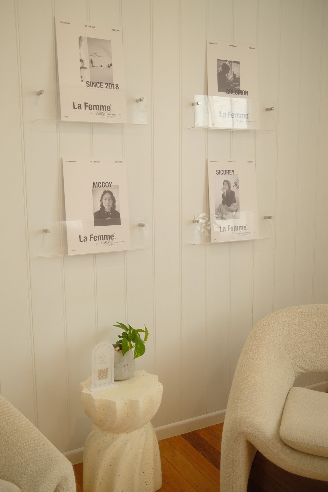 Artist posters for McCoy, Solomon and Sicorey on the studio wall, with a poster reading Since 2018